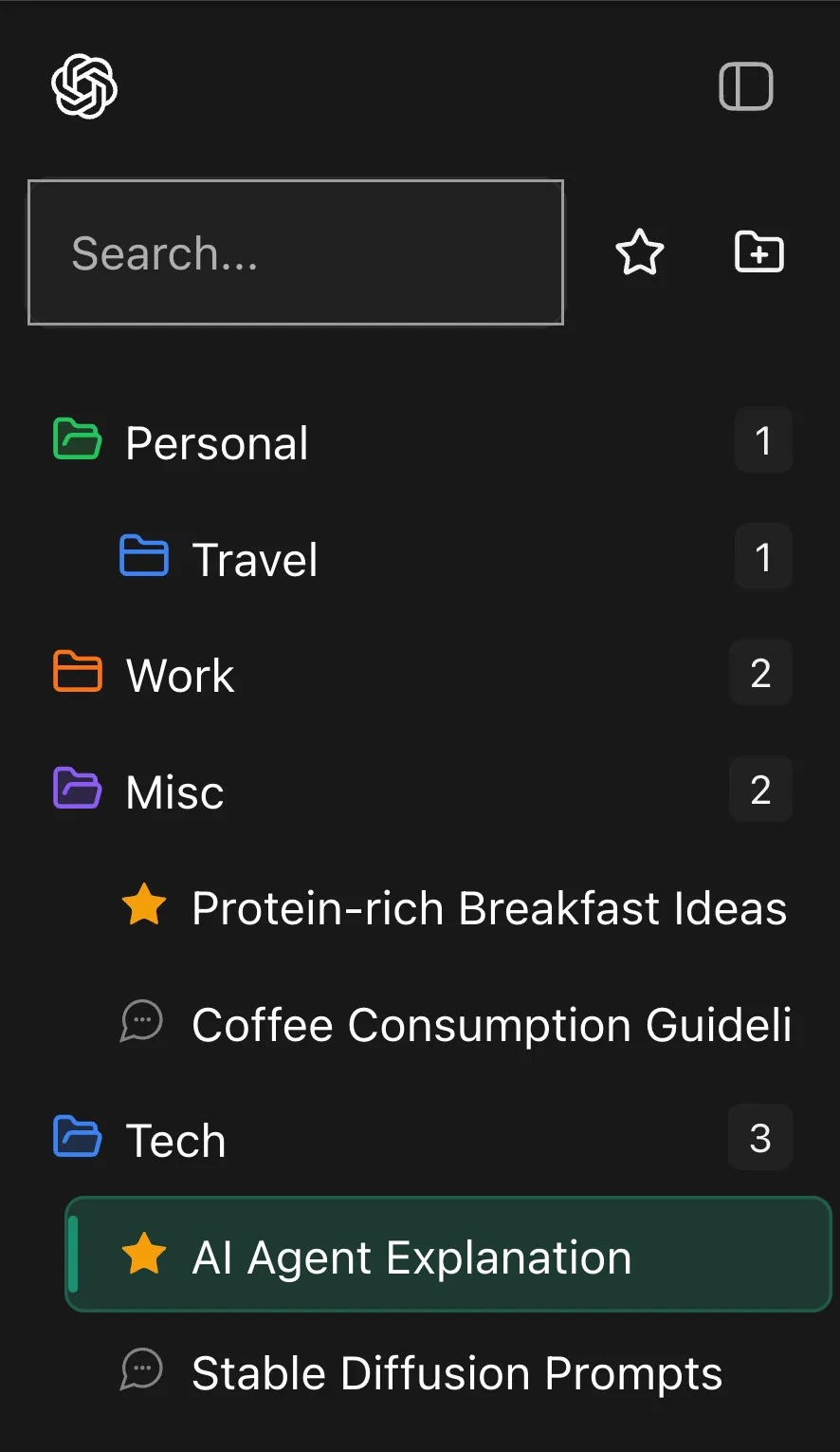 GPT Master sidebar showing nested folders and starred conversations