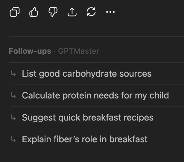 GPT Master showing AI-generated follow-up question chips below a ChatGPT response