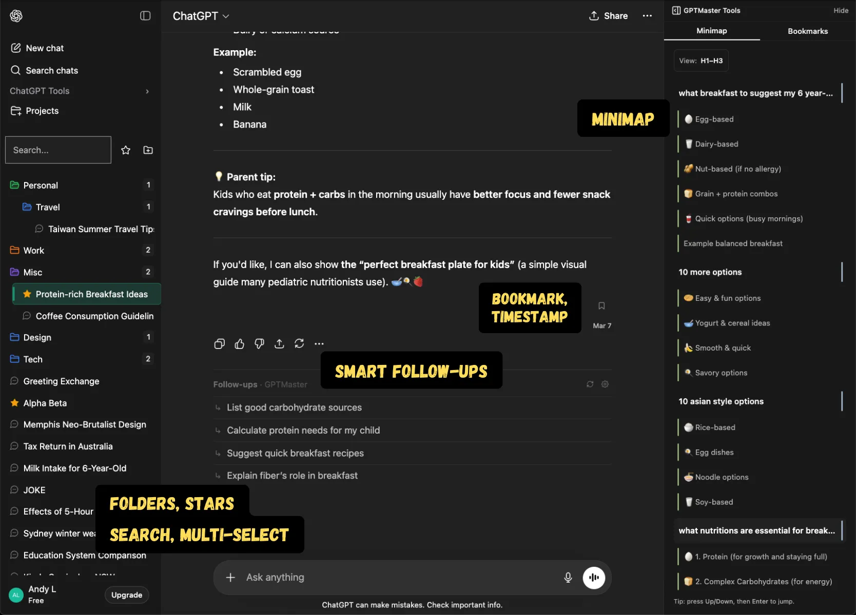 GPT Master inside ChatGPT with folders, minimap, timestamps, and follow-up suggestions